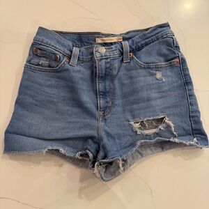 Levi Strauss High‎ Rise Denim Shorts Distressed Frayed Cutoff Blue Jeans Size 26